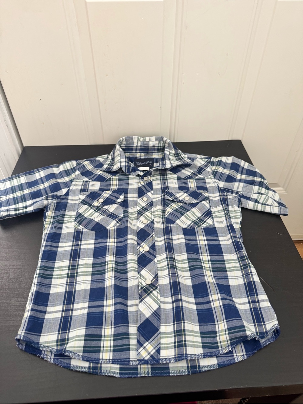 Vintage 90s Wrangler Pearl Snap Short Sleeve Cowboy Shirt Kids Boys 7-8 Plaid